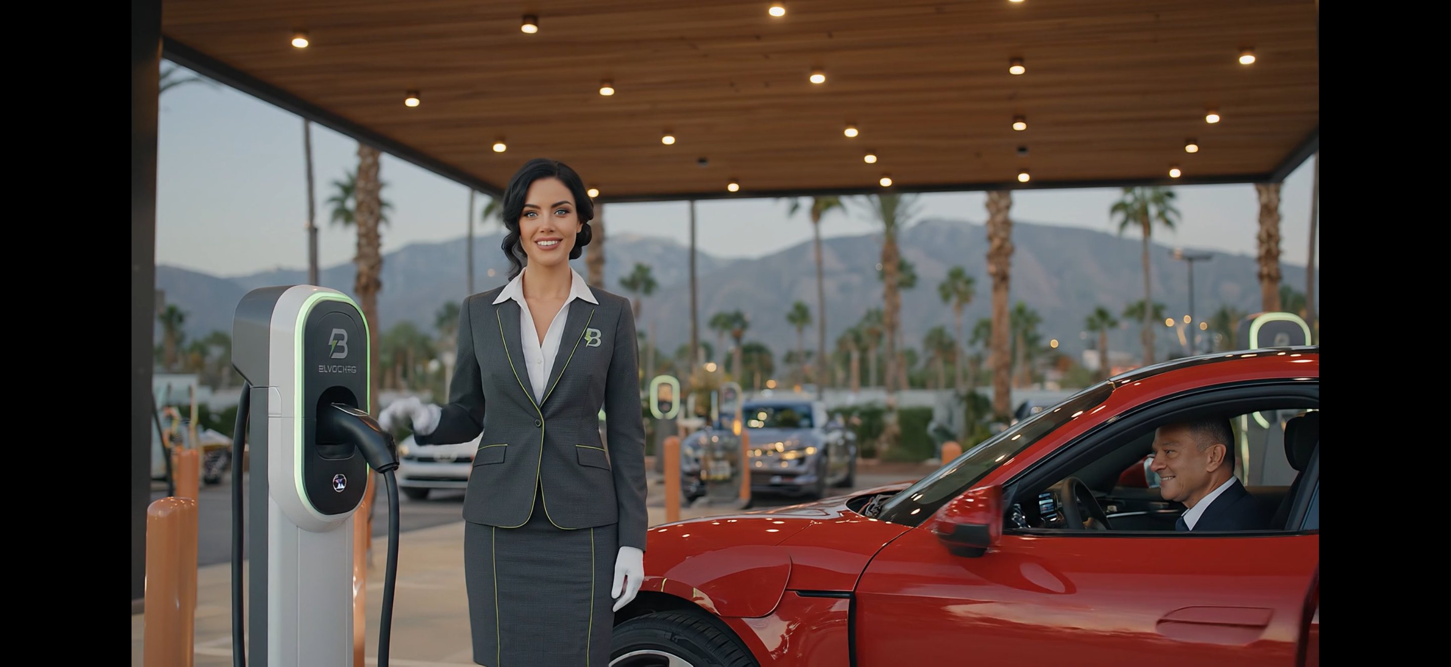 An attendant greeting a driver at their window beneath the lit canopy